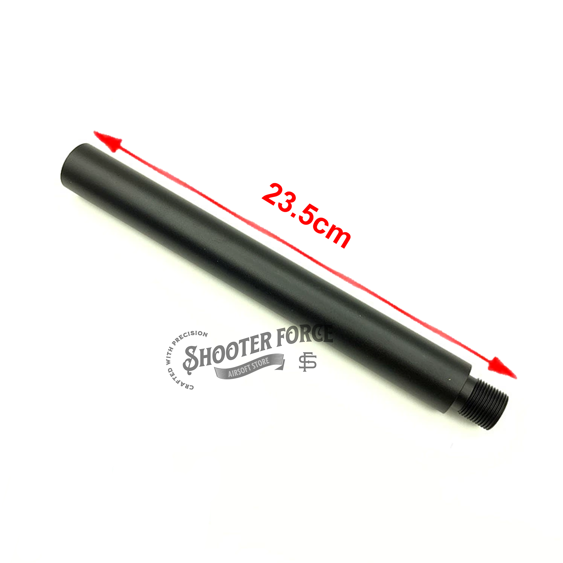 23.5cm black extension outer barrel with 14mm CCW to 14mm CW thread adapter, designed to upgrade airsoft rifles and improve compatibility with various muzzle accessories for enhanced performance.