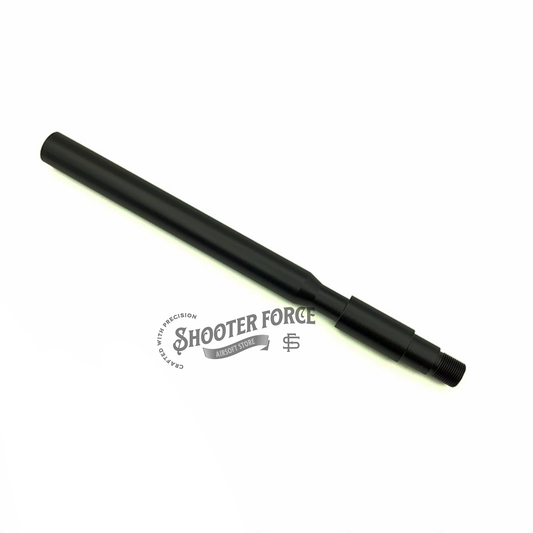 25cm concavo-convex outer barrel with 14mm CCW to 14mm CW thread adapter, designed to enhance airsoft rifle compatibility and performance with various muzzle attachments.
