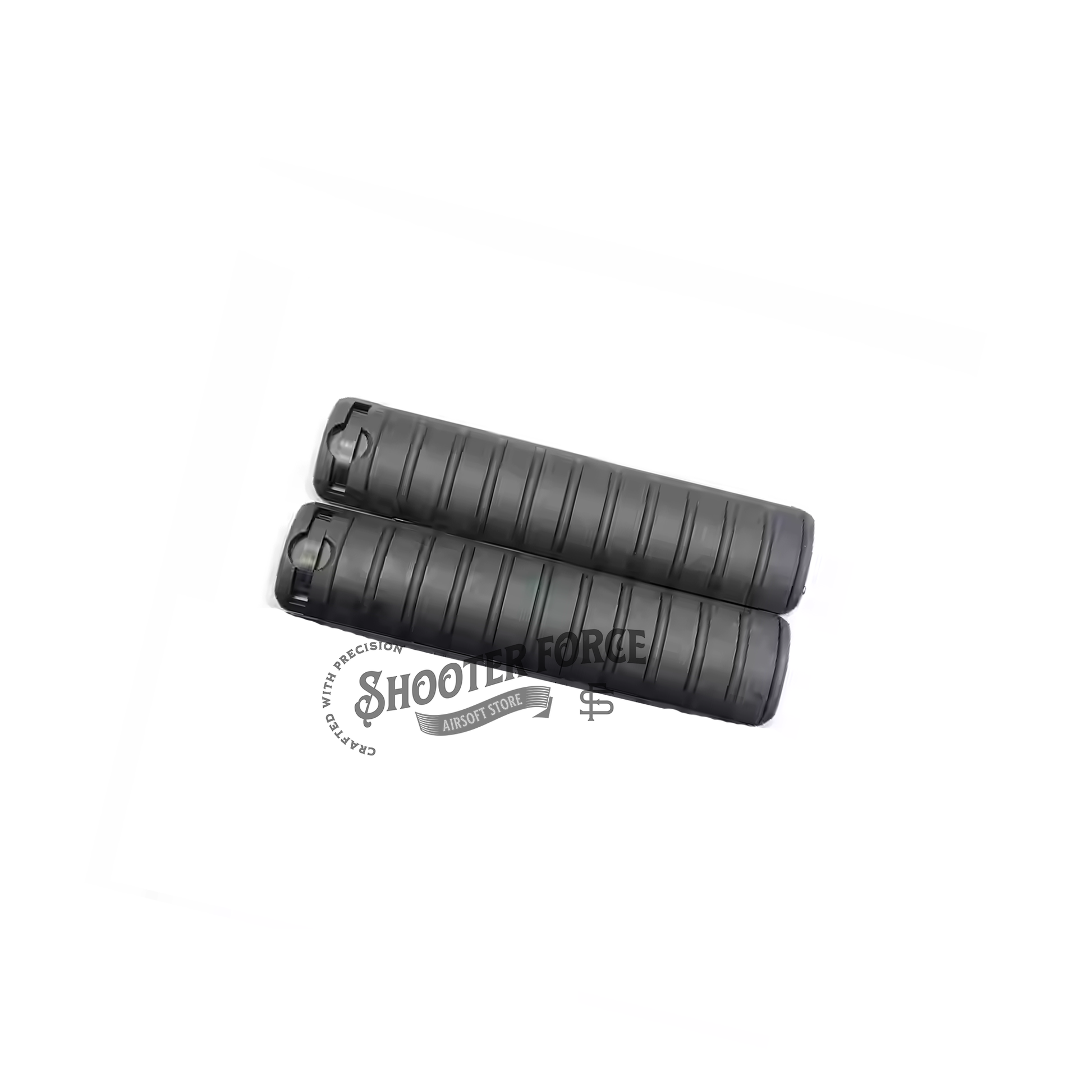 2pcs KAC Style Rail Cover Panel Set in black, compatible with RAS/RIS systems, offering improved grip and protection for airsoft setups.