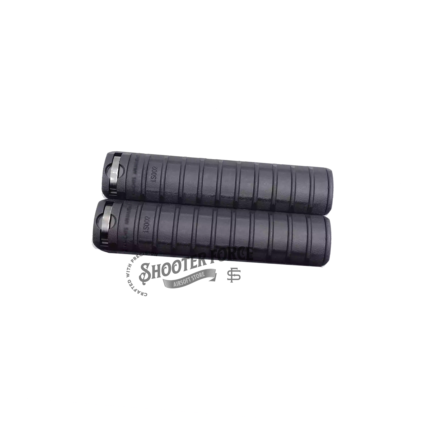 2pcs KAC Style Rail Cover Panel Set in black with markings, designed for RAS/RIS systems, providing improved grip, protection, and a realistic look for airsoft setups.