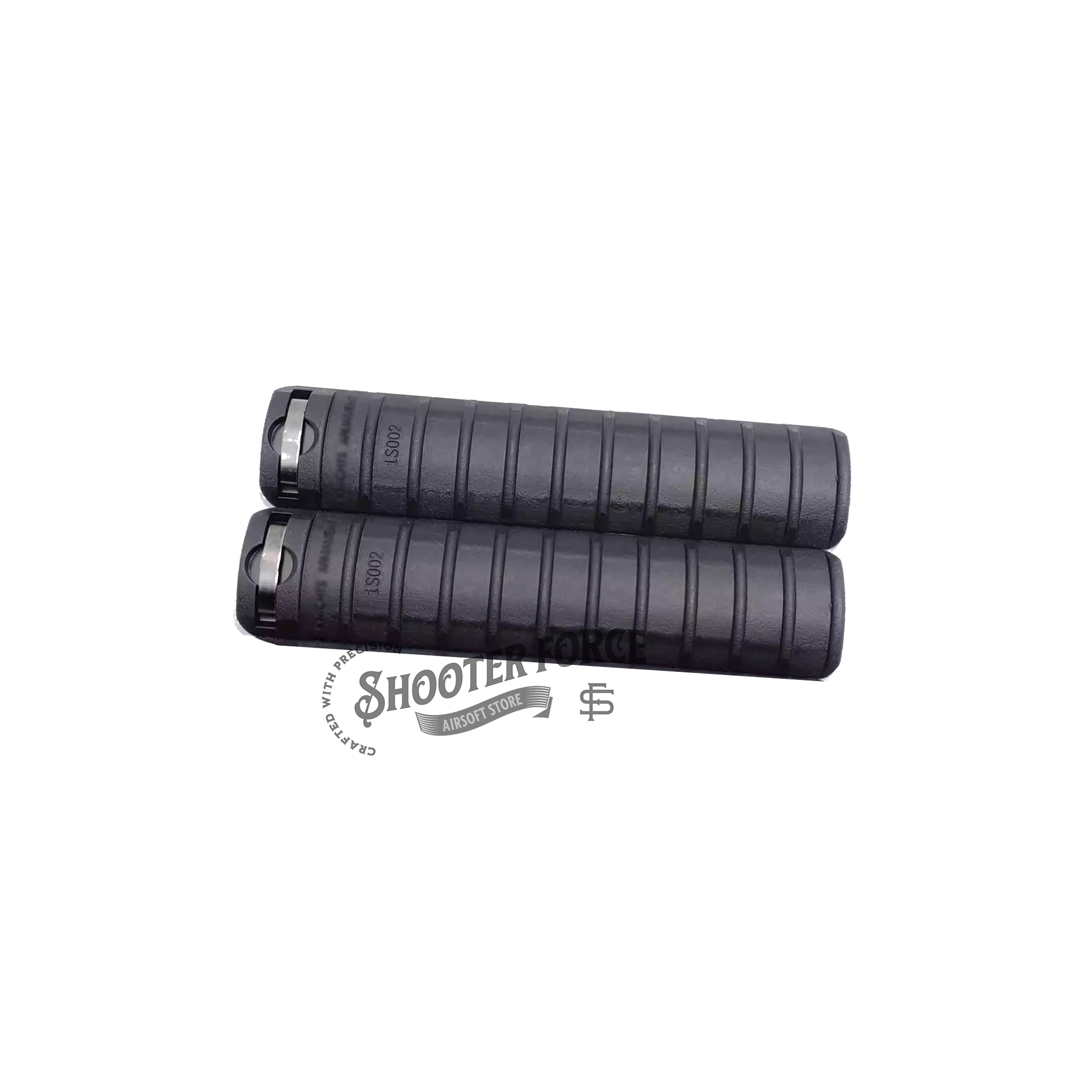 2pcs KAC Style Rail Cover Panel Set in black with markings, designed for RAS/RIS systems, providing improved grip, protection, and a realistic look for airsoft setups.