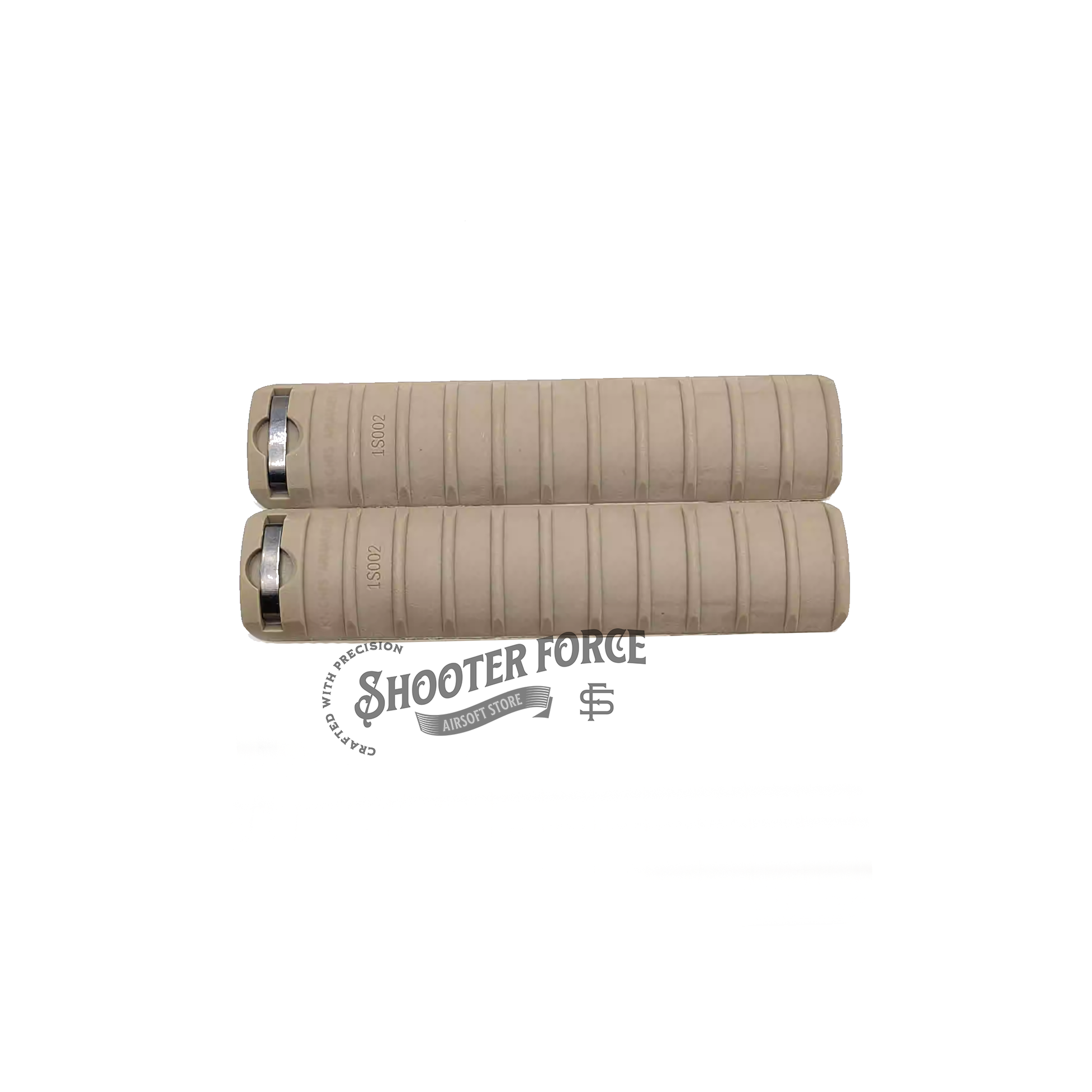 2pcs KAC Style Rail Cover Panel Set in Dark Earth (DE) with markings, compatible with RAS/RIS systems, offering improved grip, protection, and realistic design for airsoft setups.