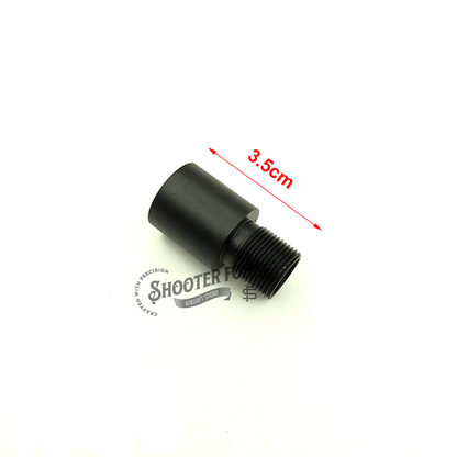 3.5cm black extension outer barrel with 14mm CCW to 14mm CW thread adapter, perfect for enhancing airsoft rifle compatibility and performance with muzzle accessories.