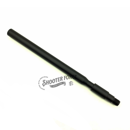 30cm concavo-convex outer barrel with 14mm CCW to 14mm CW thread adapter, designed to provide enhanced performance and compatibility for airsoft rifles with various muzzle attachments.