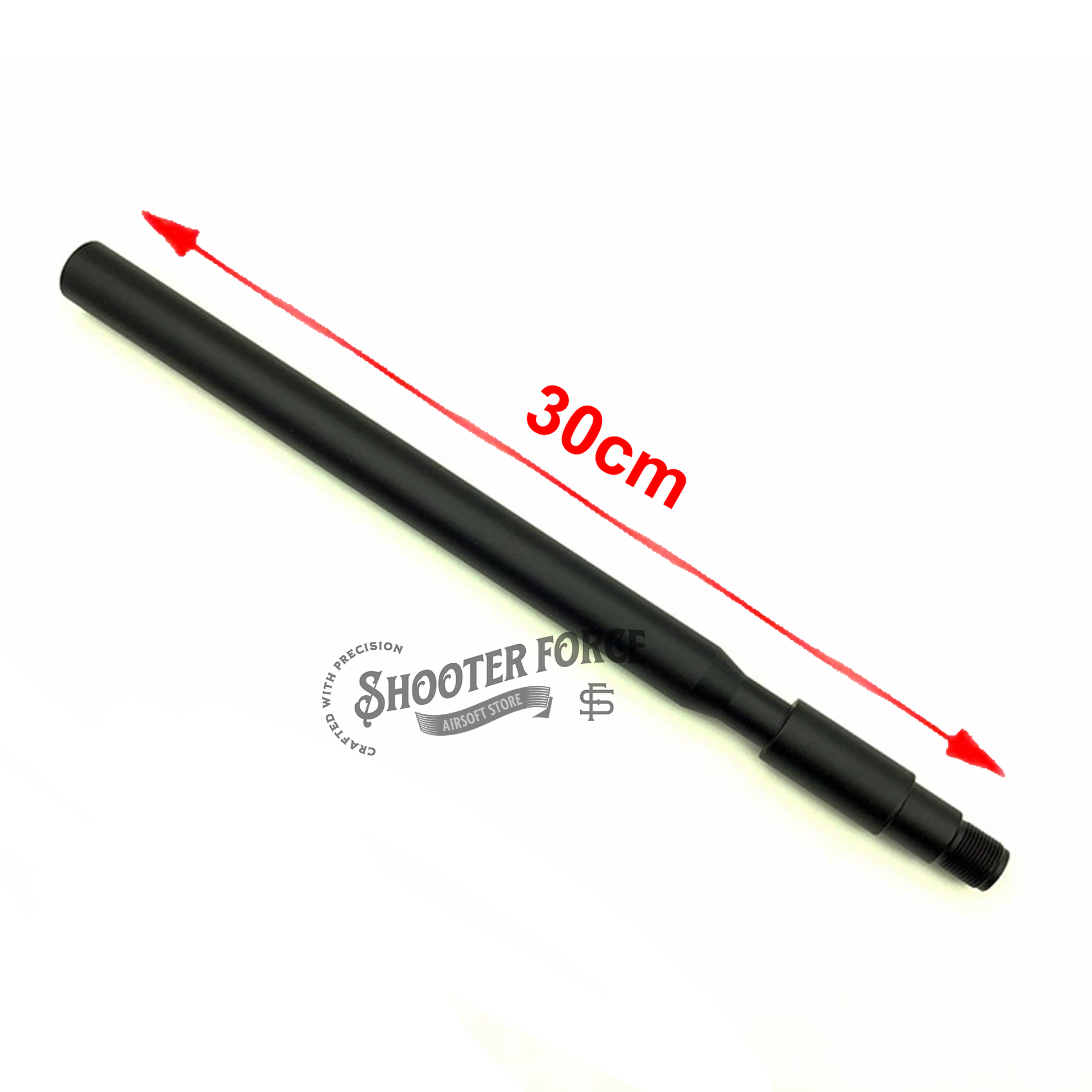 30cm concavo-convex outer barrel with 14mm CCW to 14mm CW thread adapter, designed to provide enhanced performance and compatibility for airsoft rifles with various muzzle attachments.