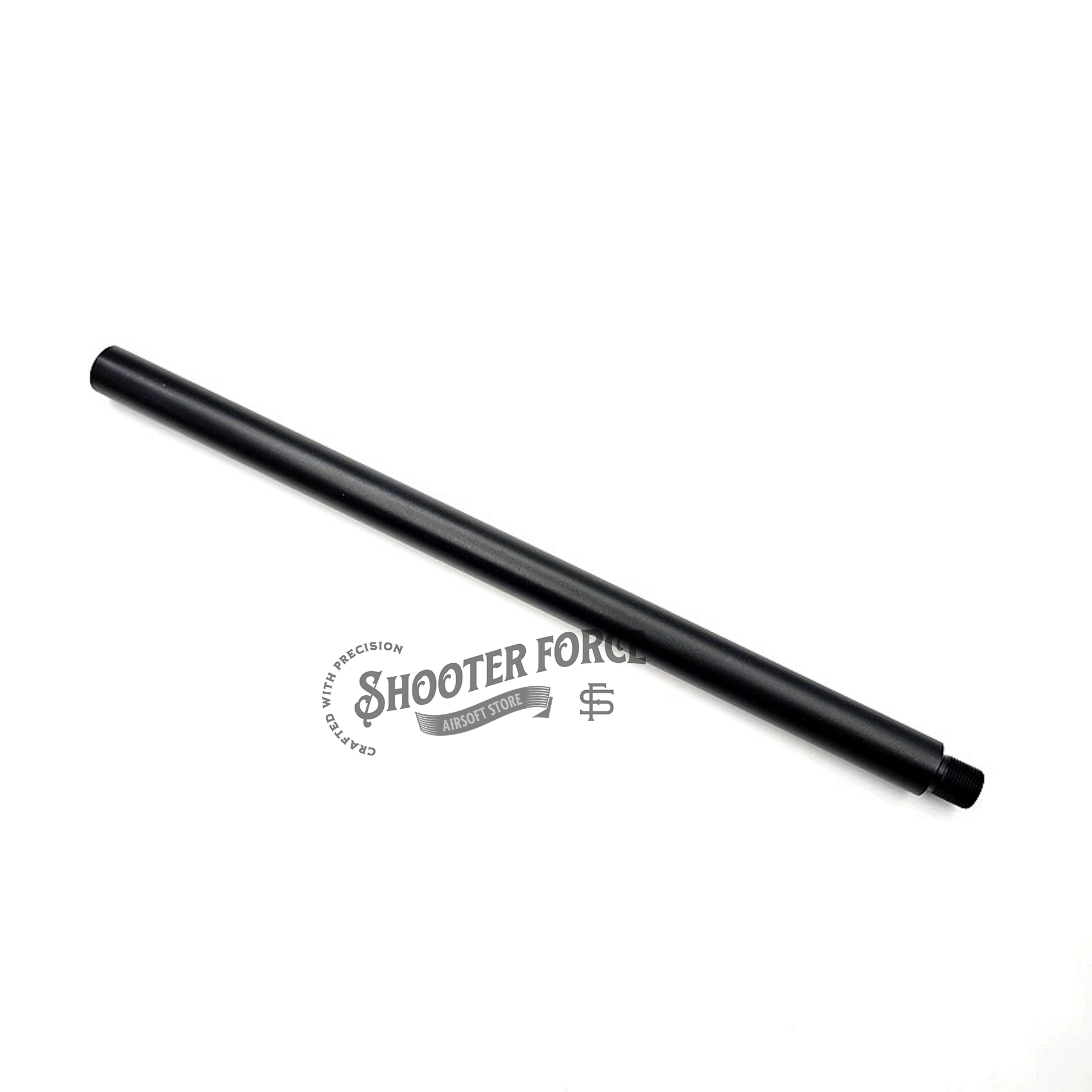 33cm black extension outer barrel with 14mm CCW to 14mm CW thread adapter, designed to enhance airsoft rifle performance and compatibility with a variety of muzzle attachments