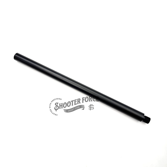 33cm black extension outer barrel with 14mm CCW to 14mm CW thread adapter, designed to enhance airsoft rifle performance and compatibility with a variety of muzzle attachments