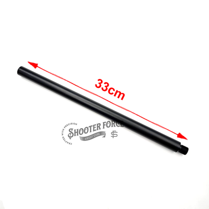 33cm black extension outer barrel with 14mm CCW to 14mm CW thread adapter, designed to enhance airsoft rifle performance and compatibility with a variety of muzzle attachments