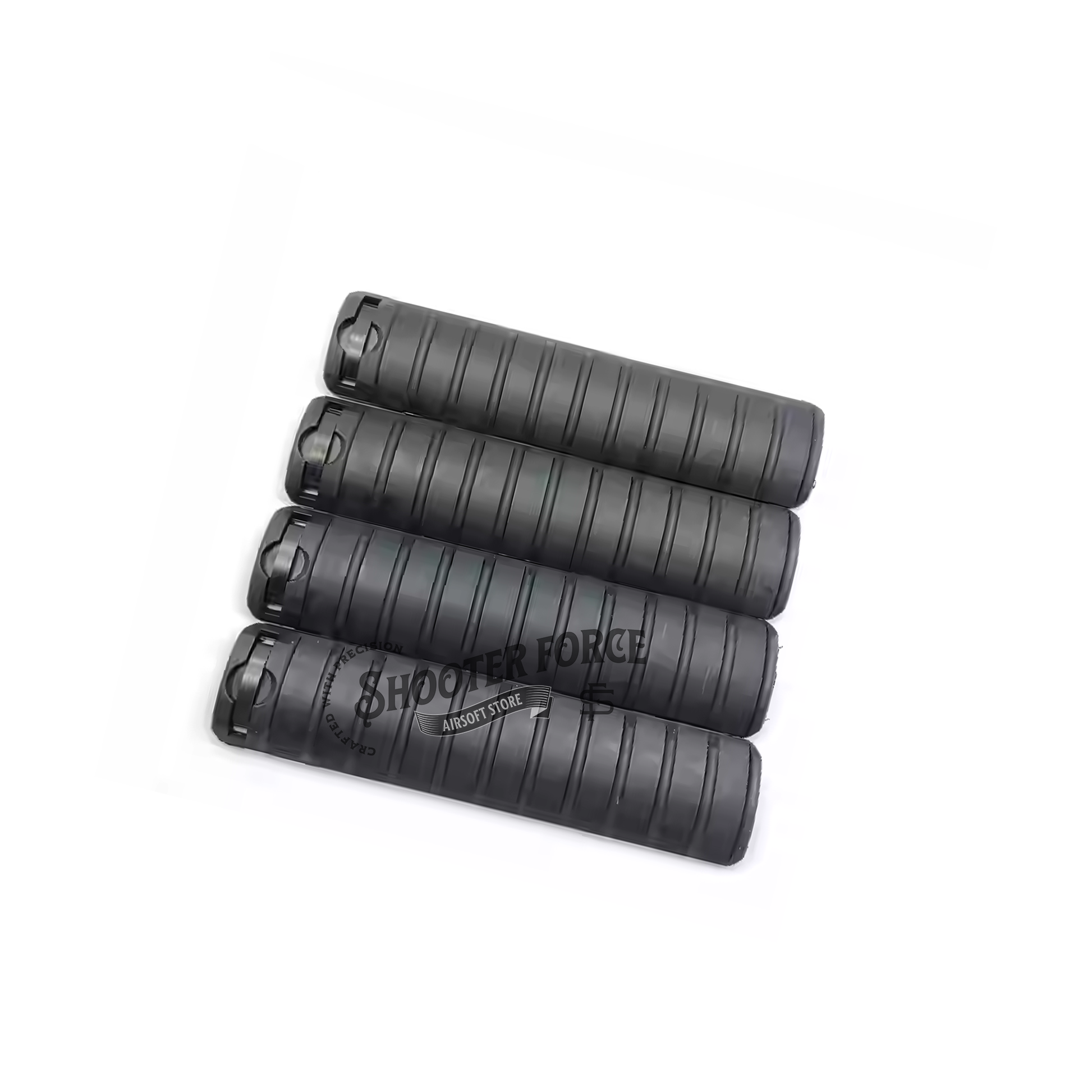 4pcs KAC Style Rail Cover Panel Set in black, compatible with RAS/RIS systems, offering improved grip and protection for airsoft setups.