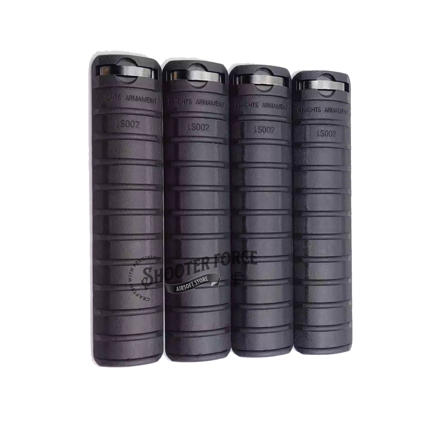 4pcs KAC Style Rail Cover Panel Set in black with markings, compatible with RAS/RIS systems, providing improved grip, protection, and realistic styling for airsoft setups.
