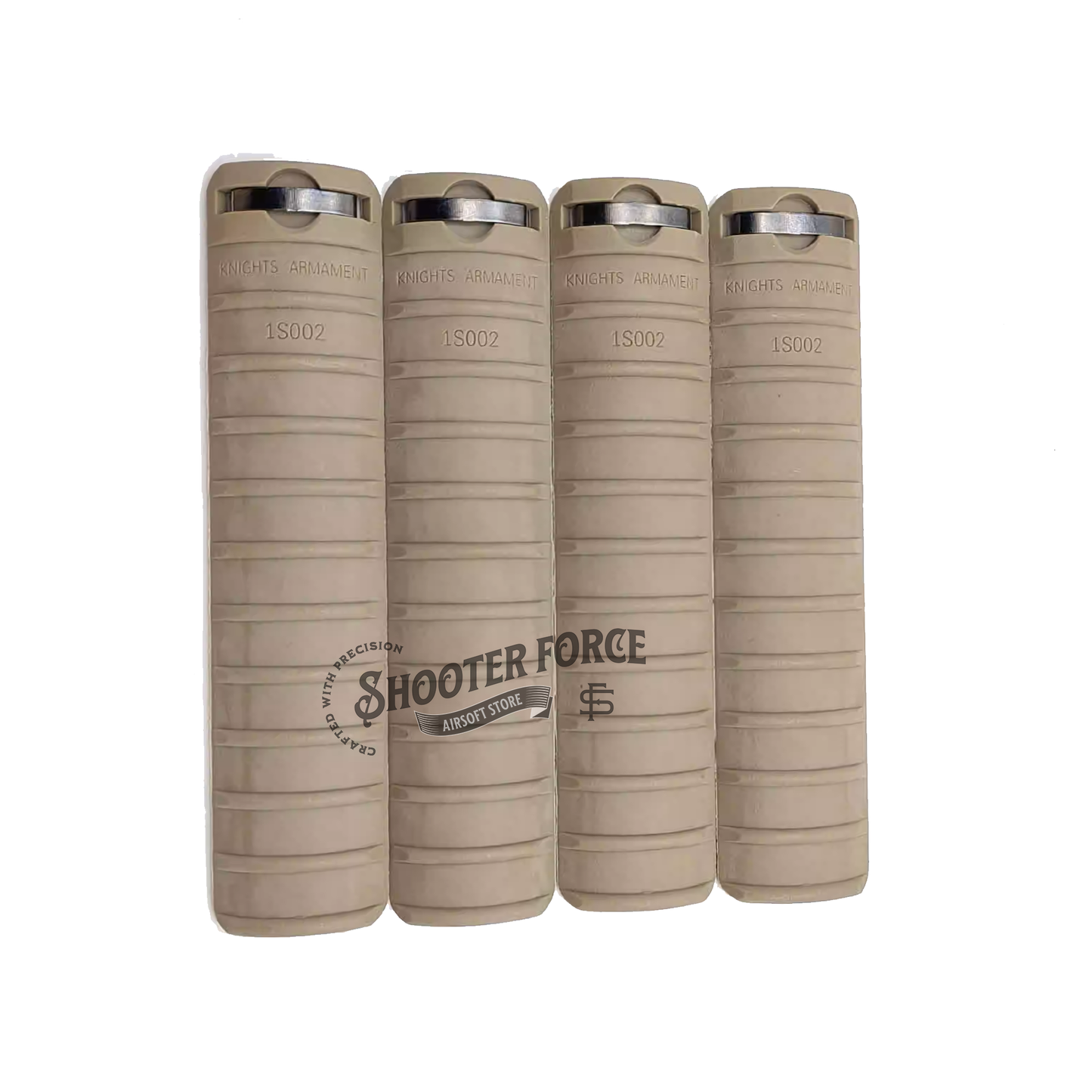 4pcs KAC Style Rail Cover Panel Set in Dark Earth (DE) with markings, designed for RAS/RIS systems, providing improved grip, protection, and realistic design for airsoft setups.