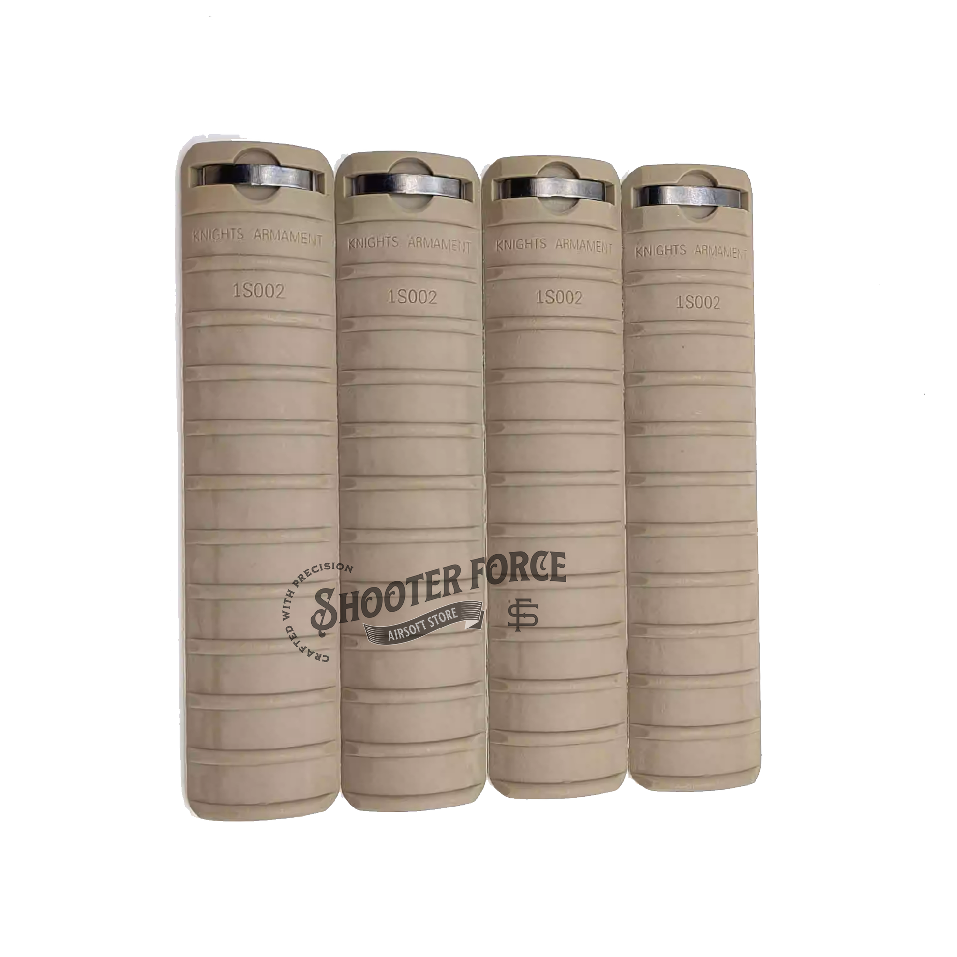 4pcs KAC Style Rail Cover Panel Set in Dark Earth (DE) with markings, designed for RAS/RIS systems, providing improved grip, protection, and realistic design for airsoft setups.