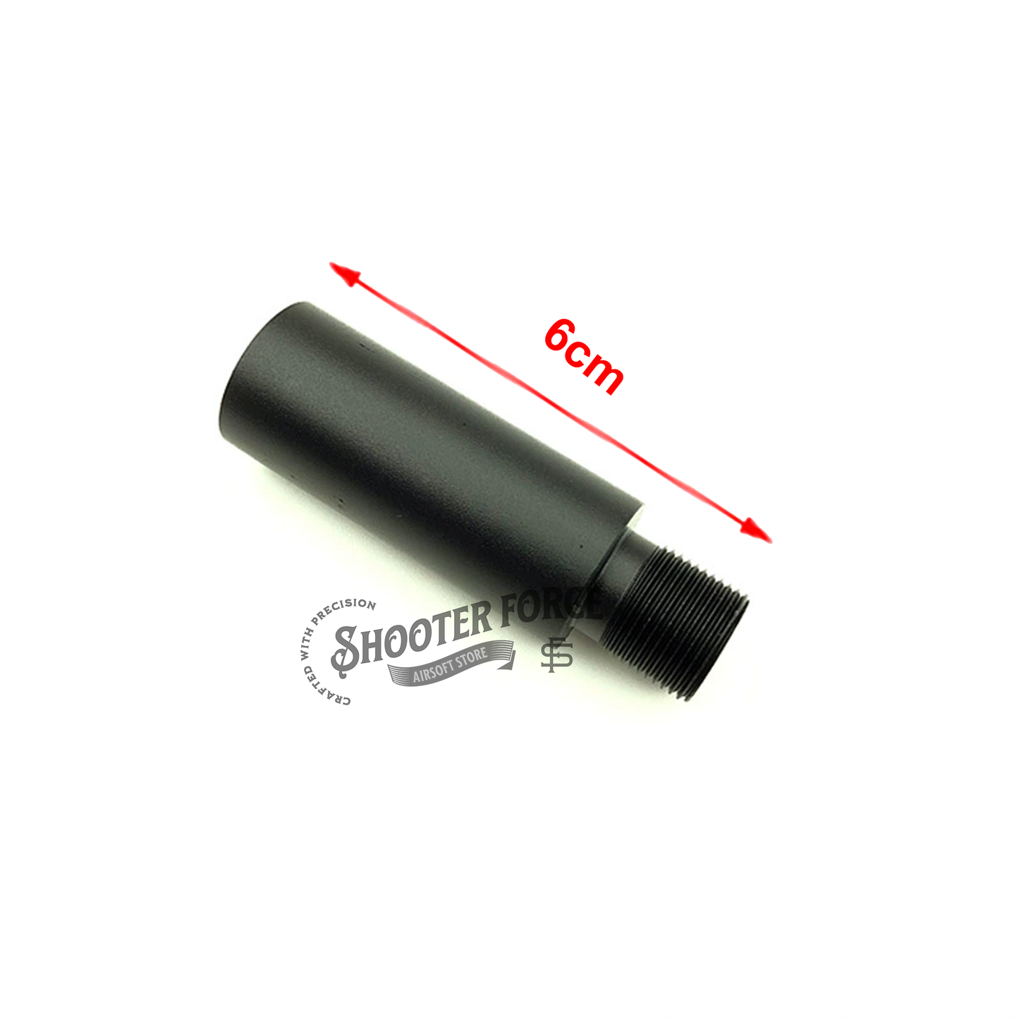 "6cm black extension outer barrel with 14mm CCW to 14mm CW thread adapter, designed to upgrade airsoft rifles and improve compatibility with various muzzle attachments.