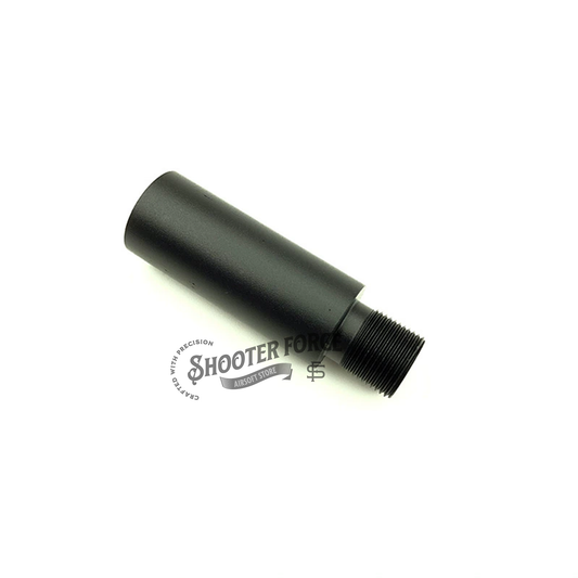 "6cm black extension outer barrel with 14mm CCW to 14mm CW thread adapter, designed to upgrade airsoft rifles and improve compatibility with various muzzle attachments.