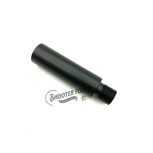 7.5cm black extension outer barrel with 14mm CCW to 14mm CW thread adapter, perfect for enhancing airsoft rifle compatibility and performance with muzzle attachments.