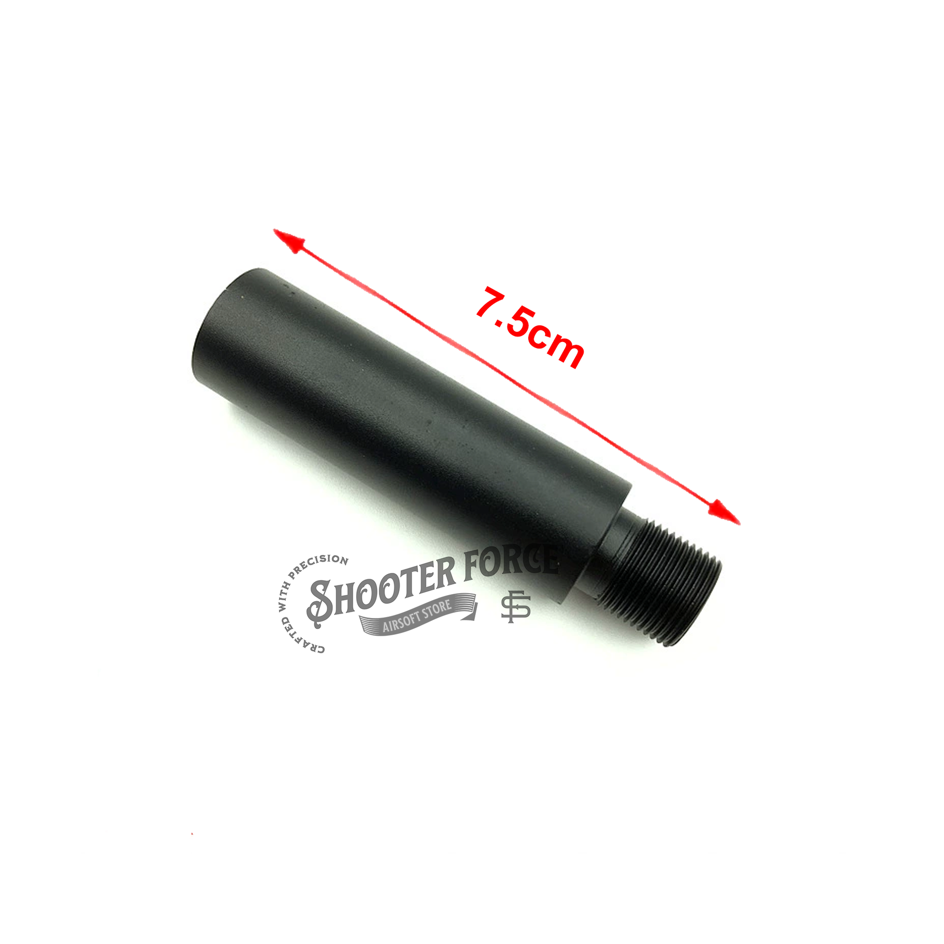 7.5cm black extension outer barrel with 14mm CCW to 14mm CW thread adapter, perfect for enhancing airsoft rifle compatibility and performance with muzzle attachments.