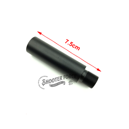 7.5cm black extension outer barrel with 14mm CCW to 14mm CW thread adapter, perfect for enhancing airsoft rifle compatibility and performance with muzzle attachments.