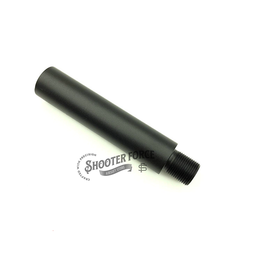9.5cm black extension outer barrel with 14mm CCW to 14mm CW thread adapter, ideal for upgrading airsoft rifles and improving compatibility with a variety of muzzle accessories