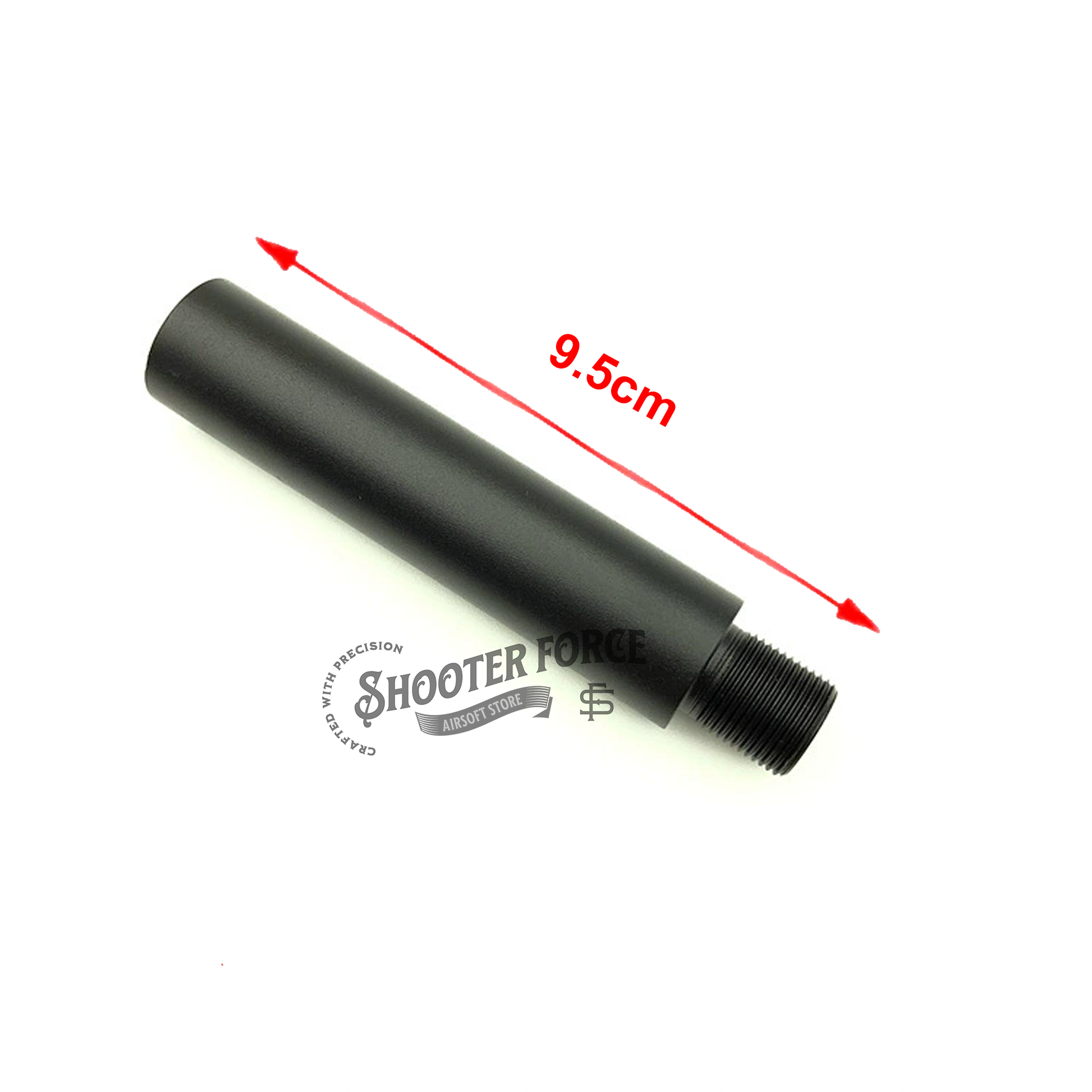 9.5cm black extension outer barrel with 14mm CCW to 14mm CW thread adapter, ideal for upgrading airsoft rifles and improving compatibility with a variety of muzzle accessories