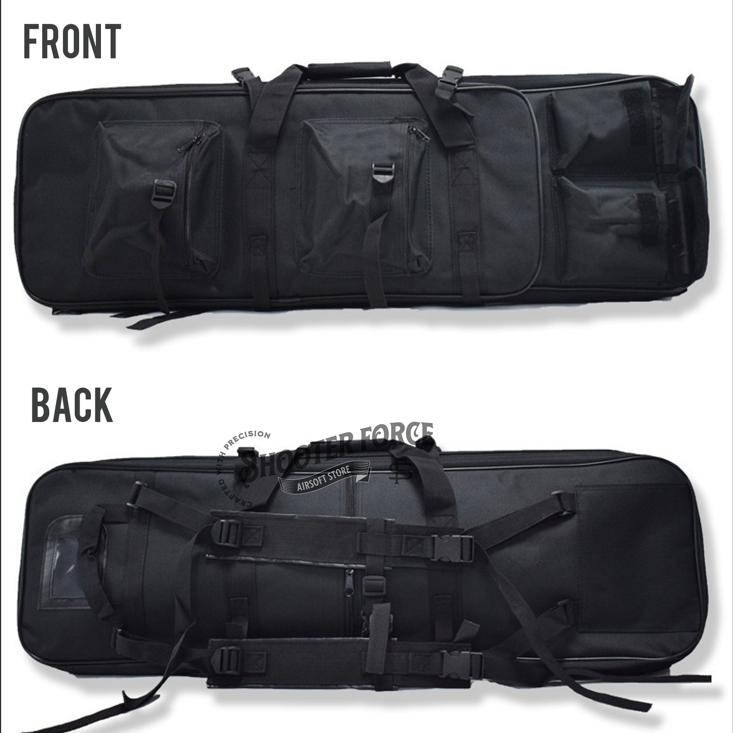 ShooterForce airsoft soft rifle case – padded, water-resistant tactical gun bag available in multiple sizes (33", 39", 47") with extra storage and adjustable carry options.