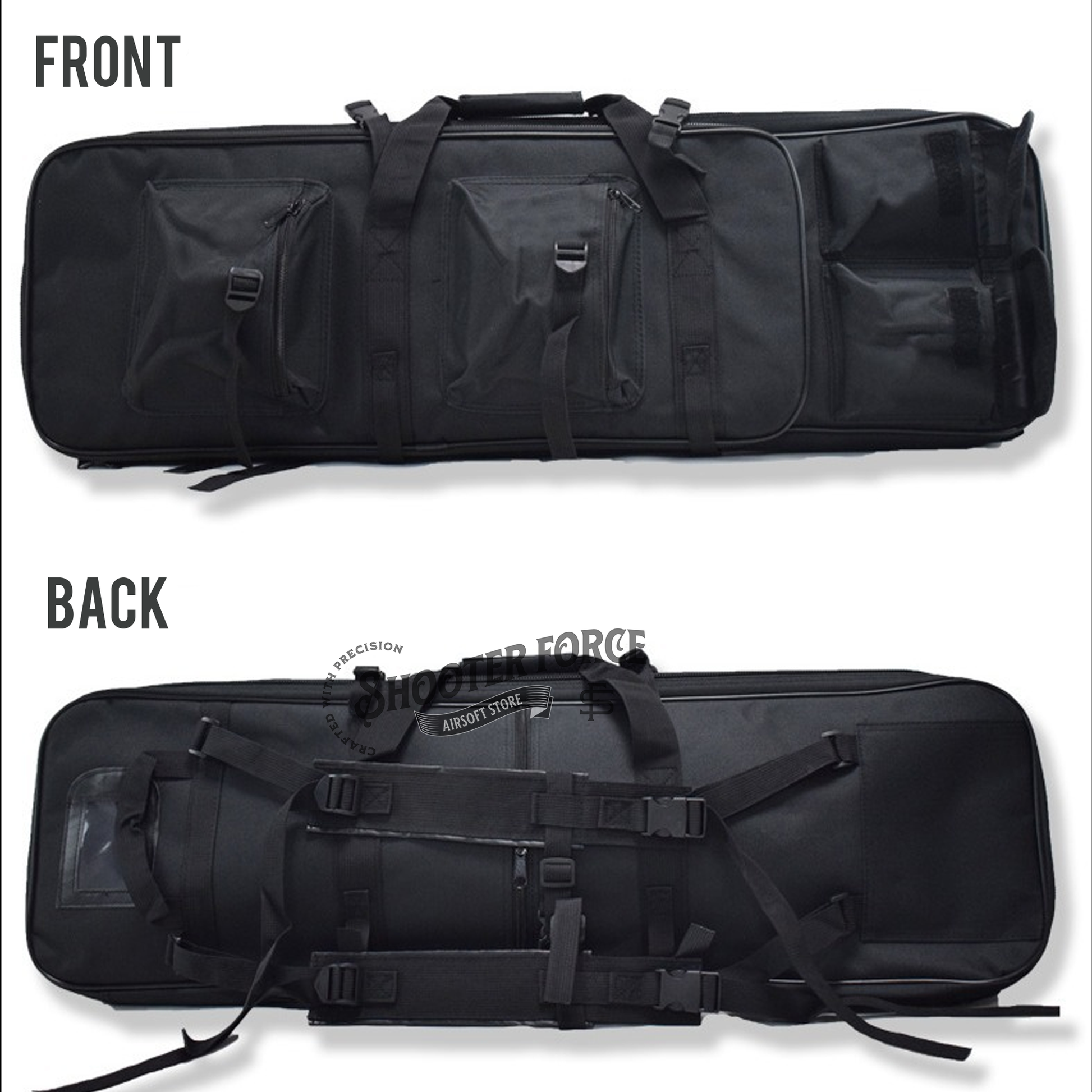 ShooterForce airsoft soft rifle case – padded, water-resistant tactical gun bag available in multiple sizes (33", 39", 47") with extra storage and adjustable carry options.