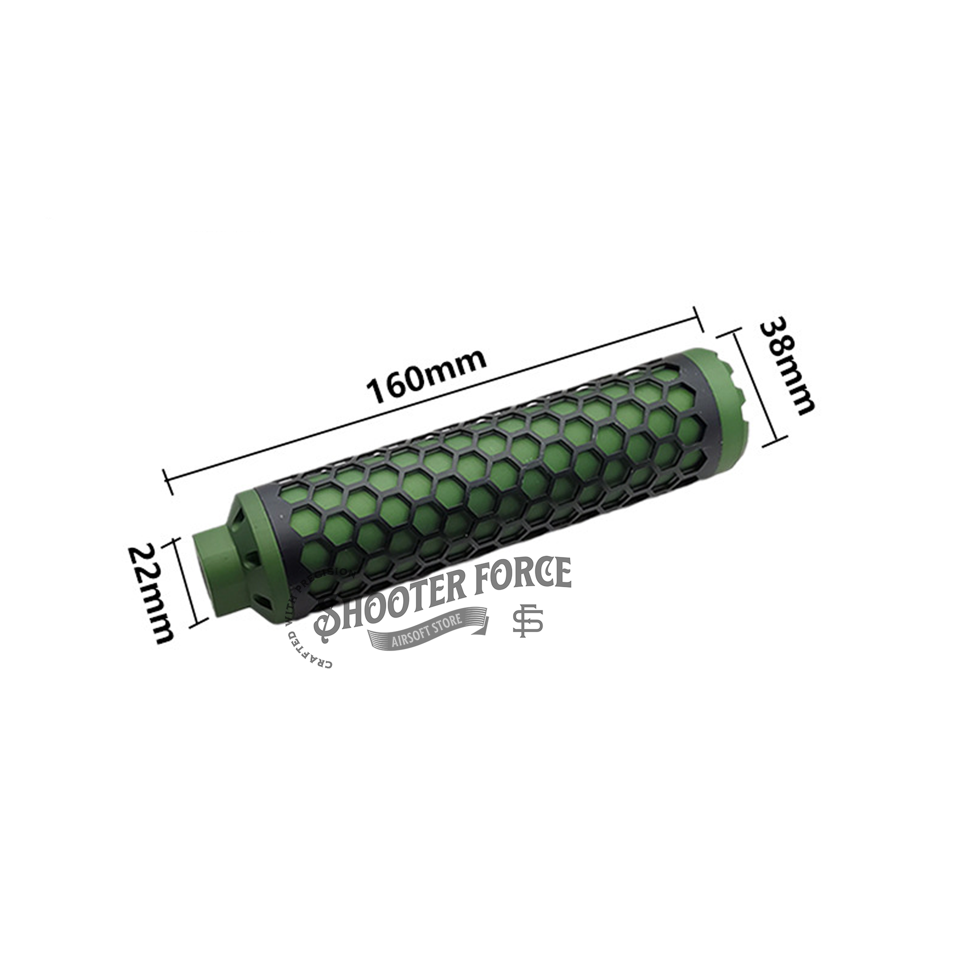 Angel Custom HIVE Airsoft Suppressor Barrel Extension long green, CNC aluminum mock suppressor with 14mm CCW threads for airsoft rifles