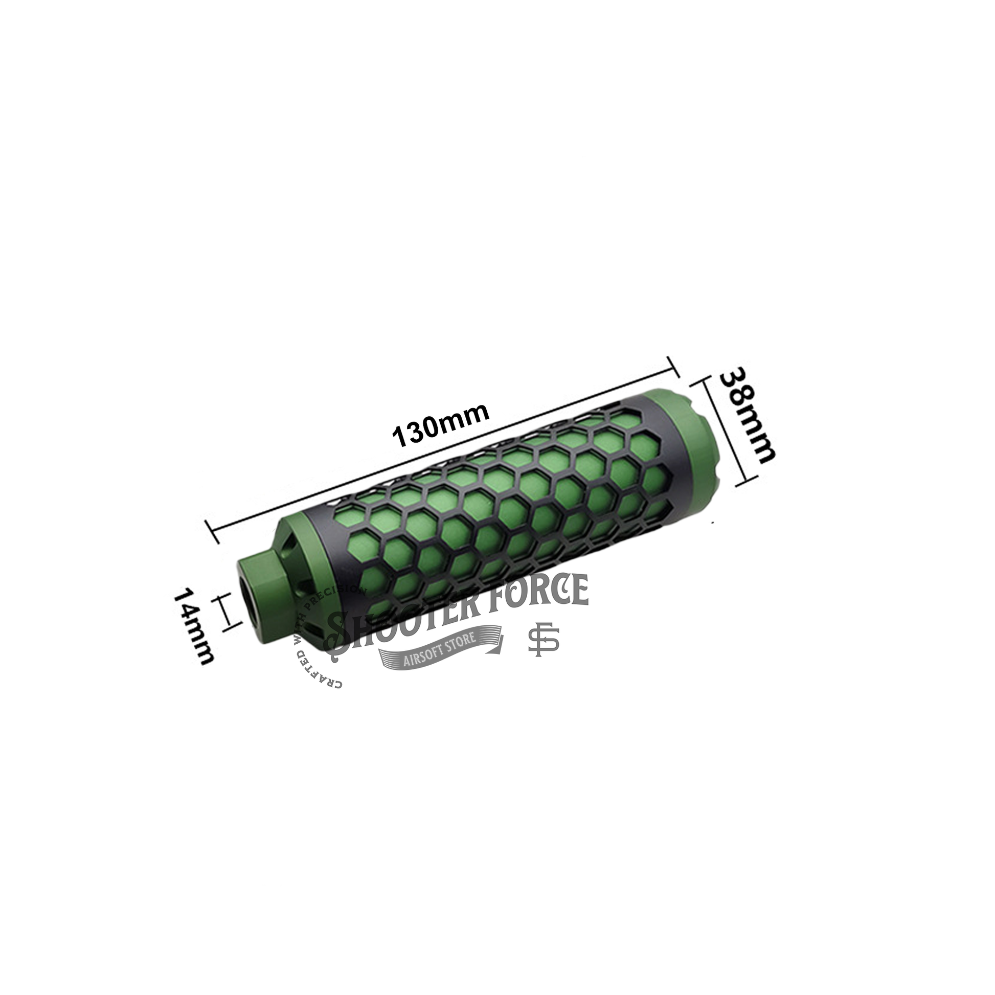 Angel Custom HIVE Airsoft Suppressor Barrel Extension short green, CNC aluminum mock suppressor with 14mm CCW threads for airsoft rifles