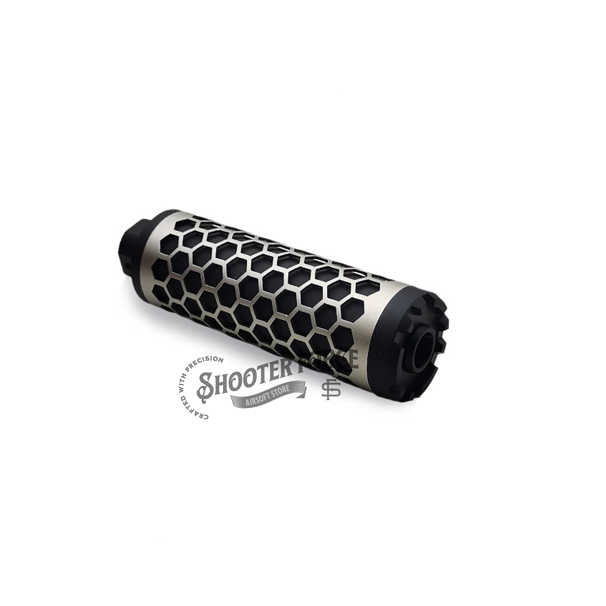 Angel Custom HIVE Airsoft Suppressor Barrel Extension short silver, CNC aluminum mock suppressor with 14mm CCW threads for airsoft rifles
