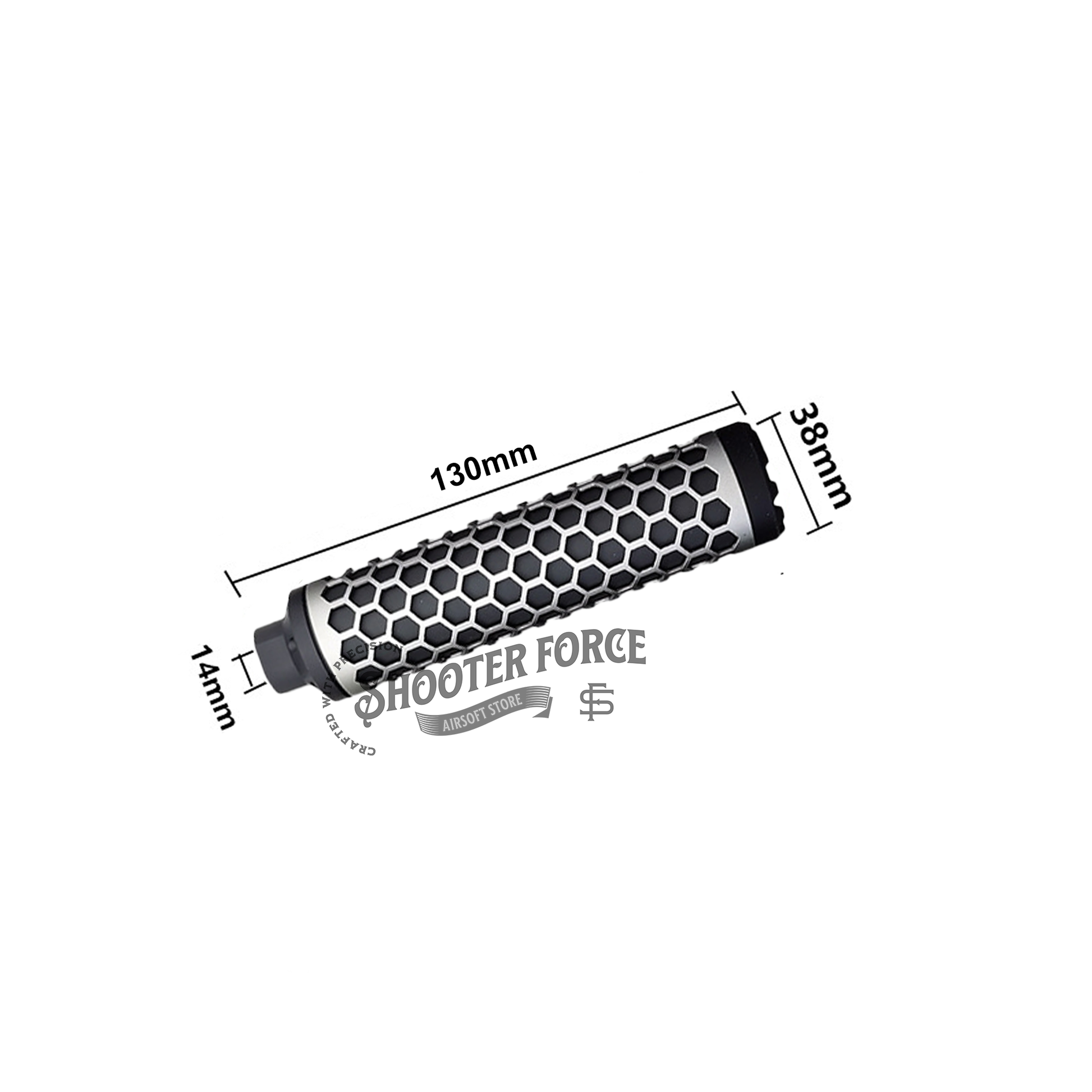 Angel Custom HIVE Airsoft Suppressor Barrel Extension short silver, CNC aluminum mock suppressor with 14mm CCW threads for airsoft rifles
