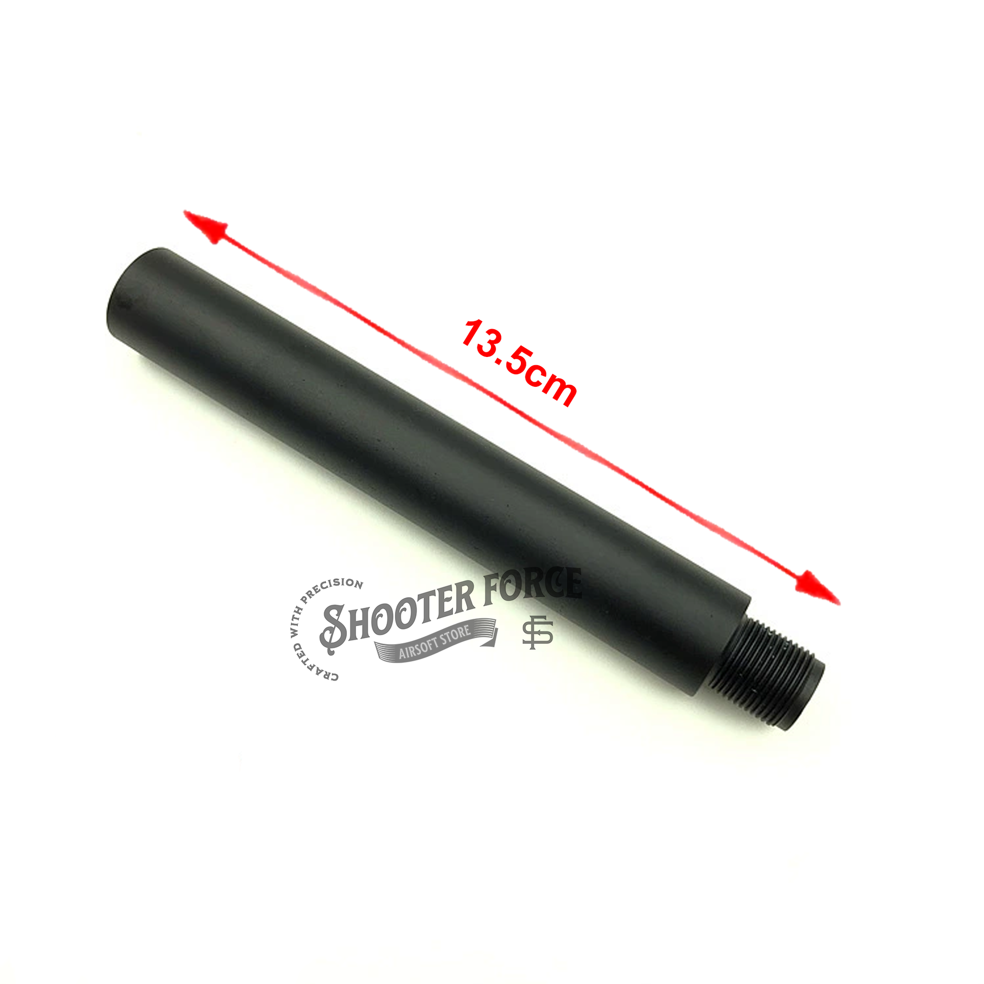 Close-up of 13.5cm extension outer barrel with 14mm CCW to CW compatibility, made of black aluminum. Length infographic is displayed int the image.