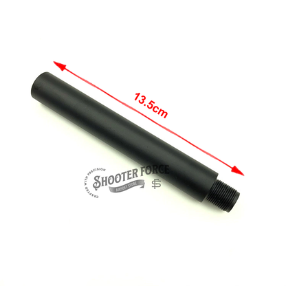 Close-up of 13.5cm extension outer barrel with 14mm CCW to CW compatibility, made of black aluminum. Length infographic is displayed int the image.