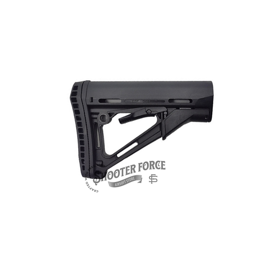 CTR Style Carbine Extended Stock in black, featuring a lightweight and adjustable design, providing enhanced stability and comfort for airsoft rifles.