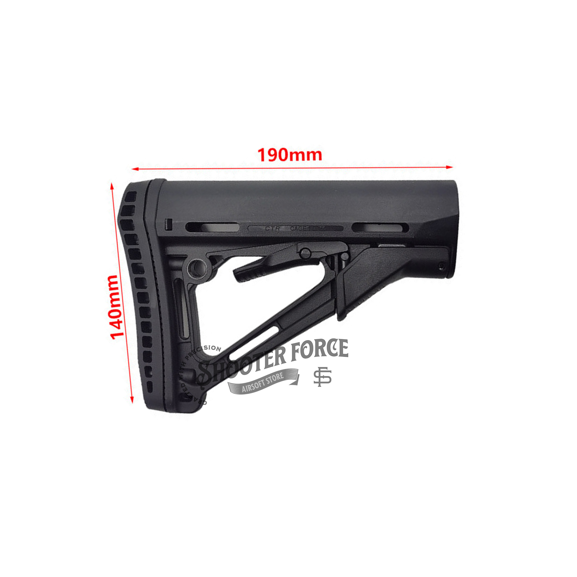CTR Style Carbine Extended Stock in black, featuring a lightweight and adjustable design, providing enhanced stability and comfort for airsoft rifles.