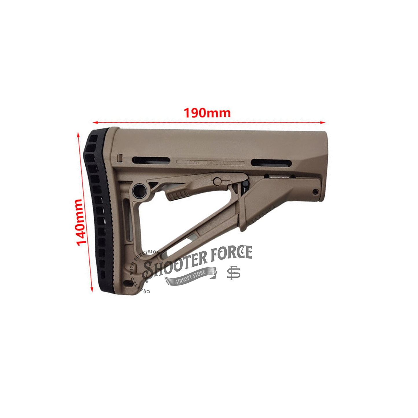 CTR Style Carbine Extended Stock in tan, designed for airsoft rifles with an adjustable, lightweight, and durable construction to improve stability and control.