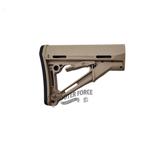 CTR Style Carbine Stock in tan, featuring a lightweight and adjustable design, offering enhanced stability and control for airsoft rifles.