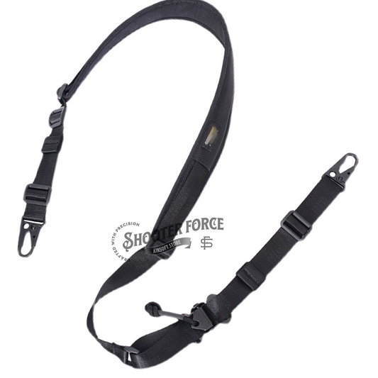Ferro Style Quick Adjustable Cordura Sling in black, crafted from 500D Cordura, providing durability, comfort, and easy adjustability for airsoft use.