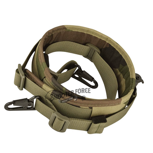 Ferro Type Quick-Adjust Cordura Sling in MultiCamo, crafted from 1000D nylon for durability and comfort, offering fast adjustability for airsoft use.