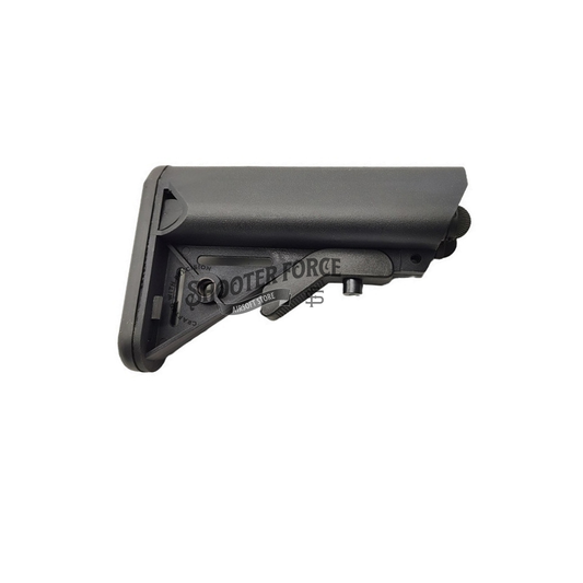 LMT Style M4 Crane Stock in black, featuring adjustable length and a durable design, providing enhanced stability and control for airsoft rifles.