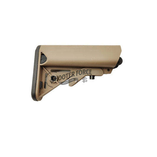 LMT Style M4 Crane Stock in tan, featuring adjustable length and a durable design, offering improved stability and comfort for airsoft rifles.