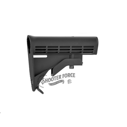 M4 LE Stock in black, WE Tech style, providing a lightweight, adjustable design for enhanced comfort and stability in airsoft rifles.