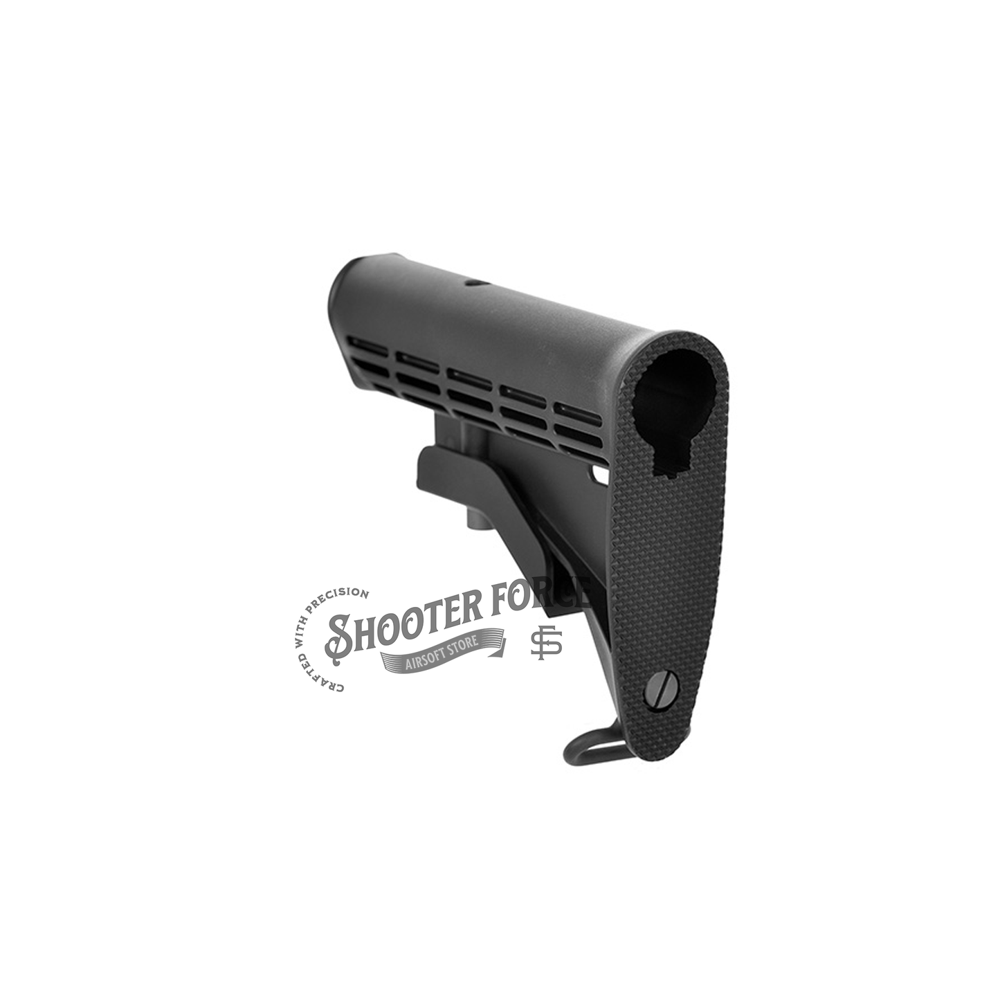 M4 LE Stock in black, WE Tech style, providing a lightweight, adjustable design for enhanced comfort and stability in airsoft rifles.