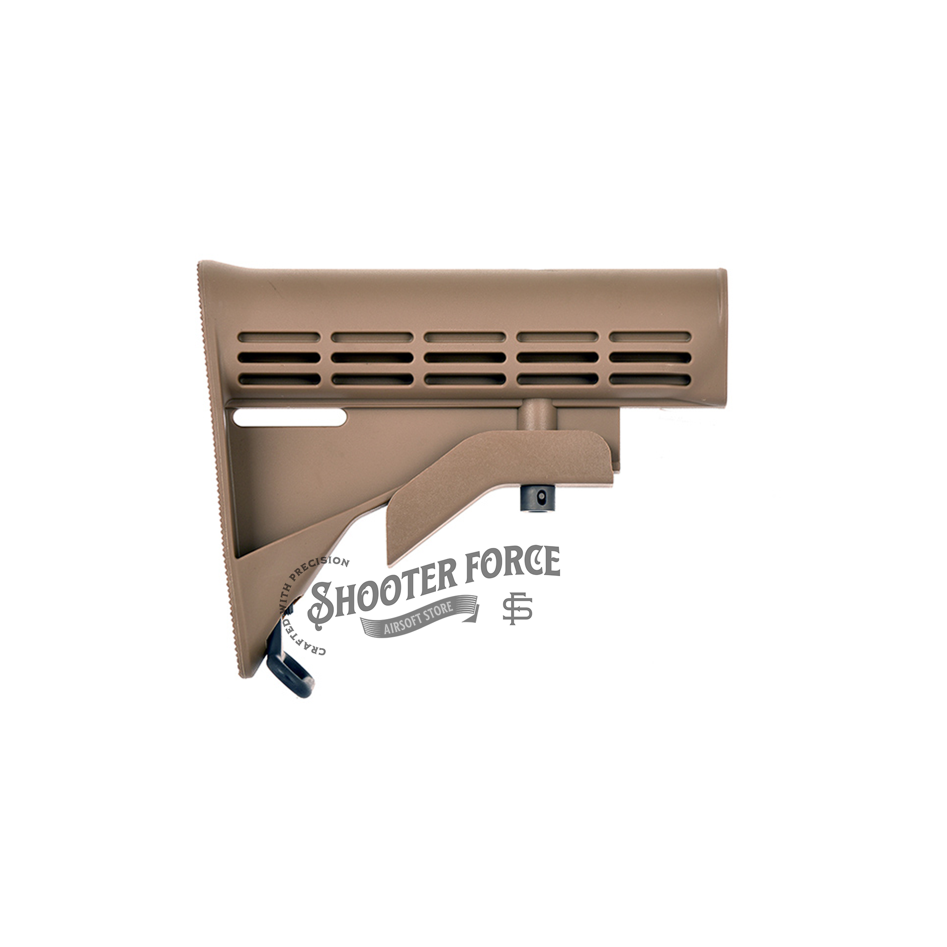 M4 LE Stock in tan, WE Tech style, offering a lightweight, adjustable design for improved comfort, stability, and performance in airsoft rifles.