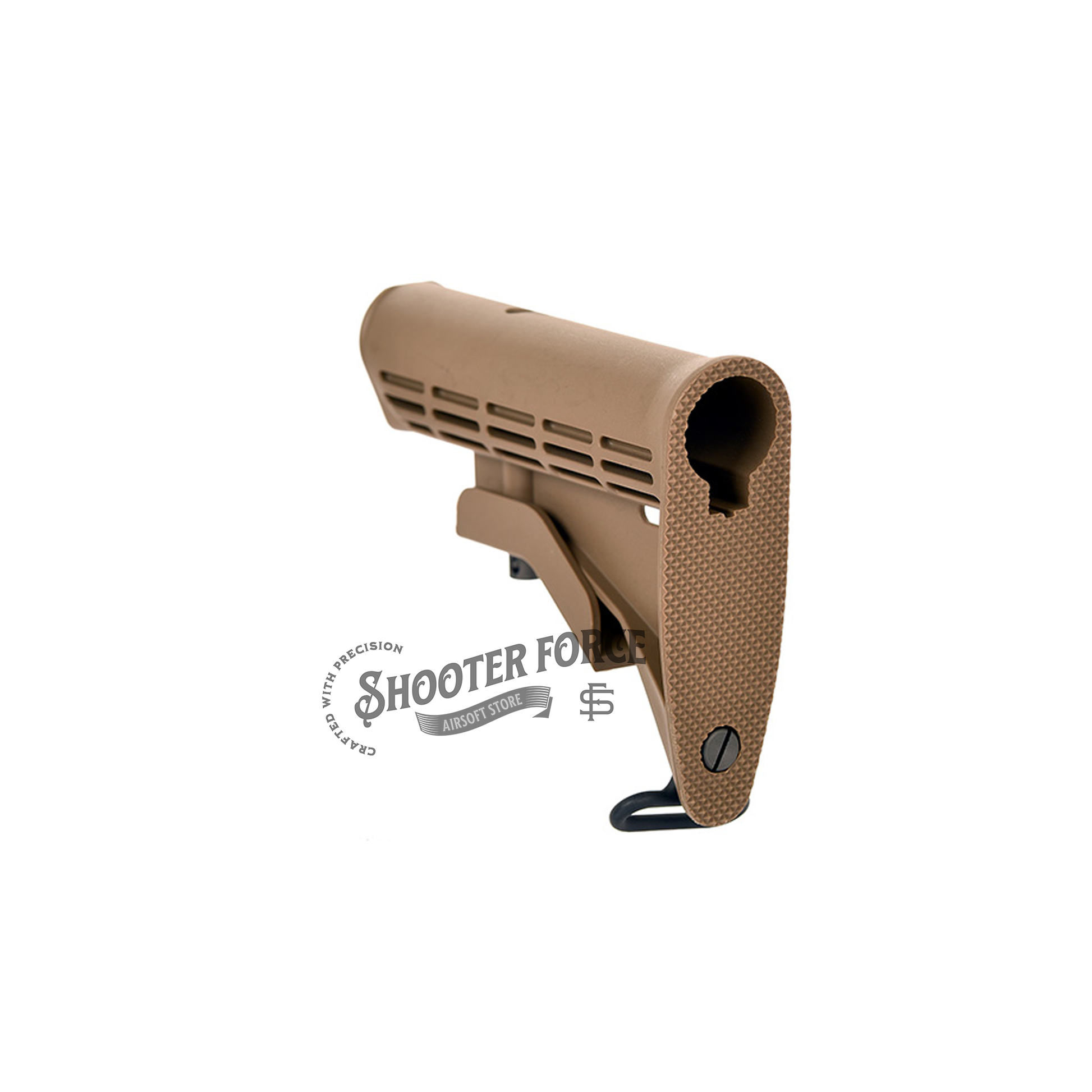 M4 LE Stock in tan, WE Tech style, offering a lightweight, adjustable design for improved comfort, stability, and performance in airsoft rifles.