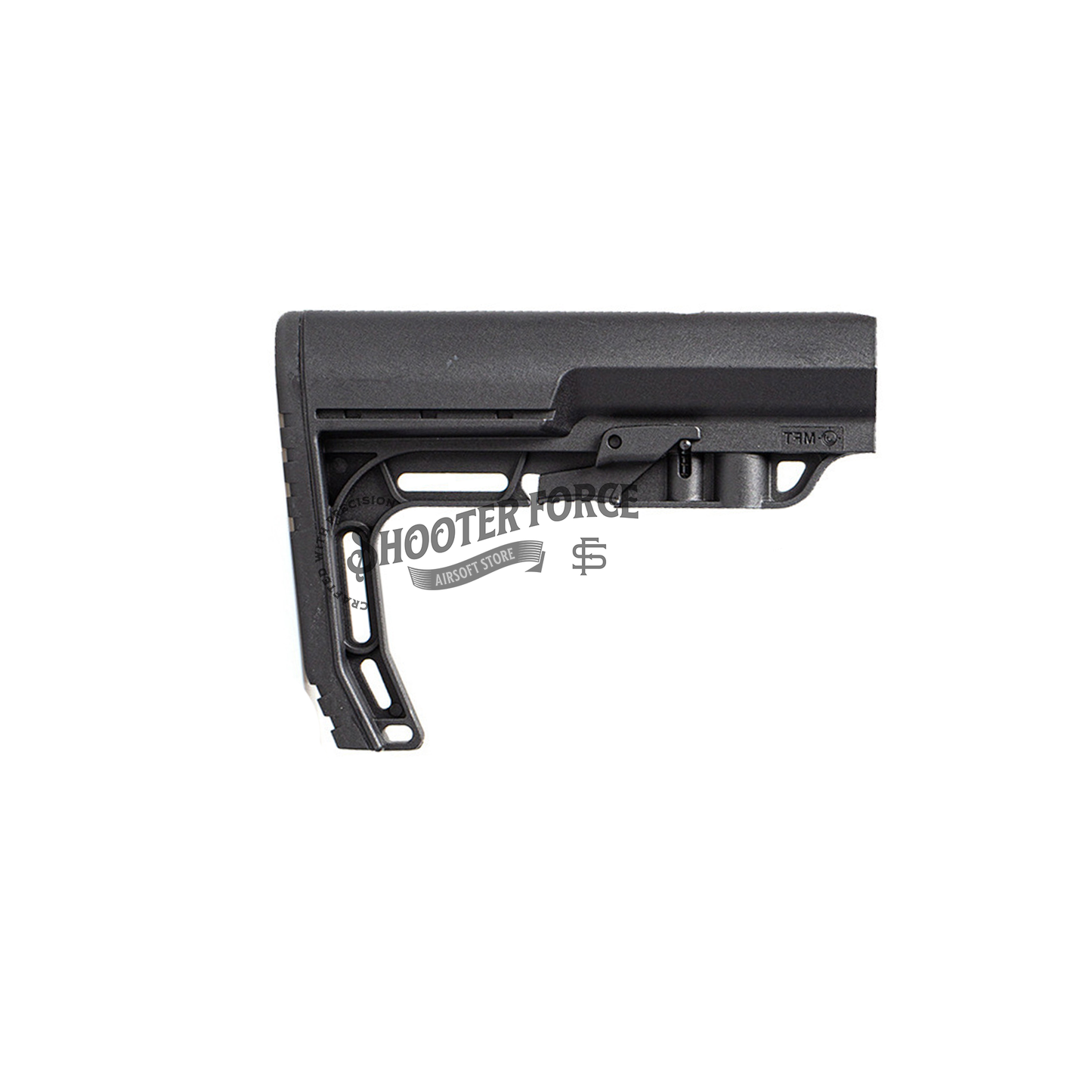 MFT BMSMIL Style Minimalist Stock in black, featuring a lightweight, compact design for increased mobility and stability in airsoft rifles.