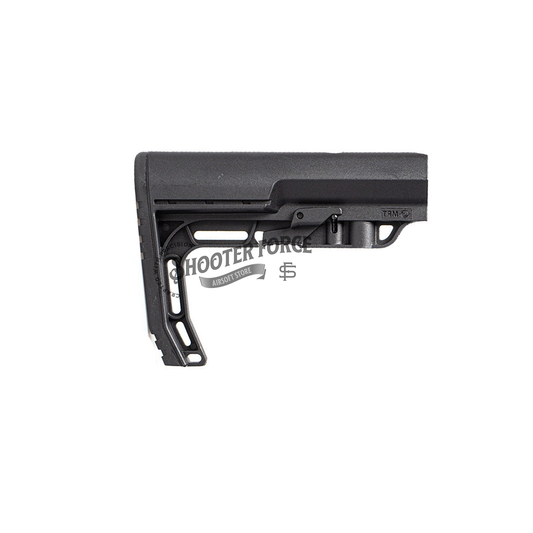 MFT BMSMIL Style Minimalist Stock in black, featuring a lightweight, compact design for increased mobility and stability in airsoft rifles.