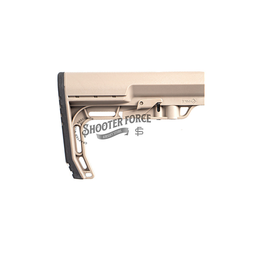 MFT BMSMIL Style Minimalist Stock in tan, offering a lightweight, compact design for improved stability and mobility in airsoft rifles.