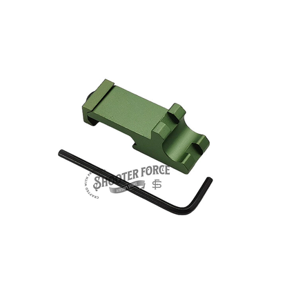 Mini Flashlight Side Mount with 45-degree offset design, made of green aluminum alloy, designed for DD/PRO/KAC iron sights, compatible with 20mm Picatinny rail systems.