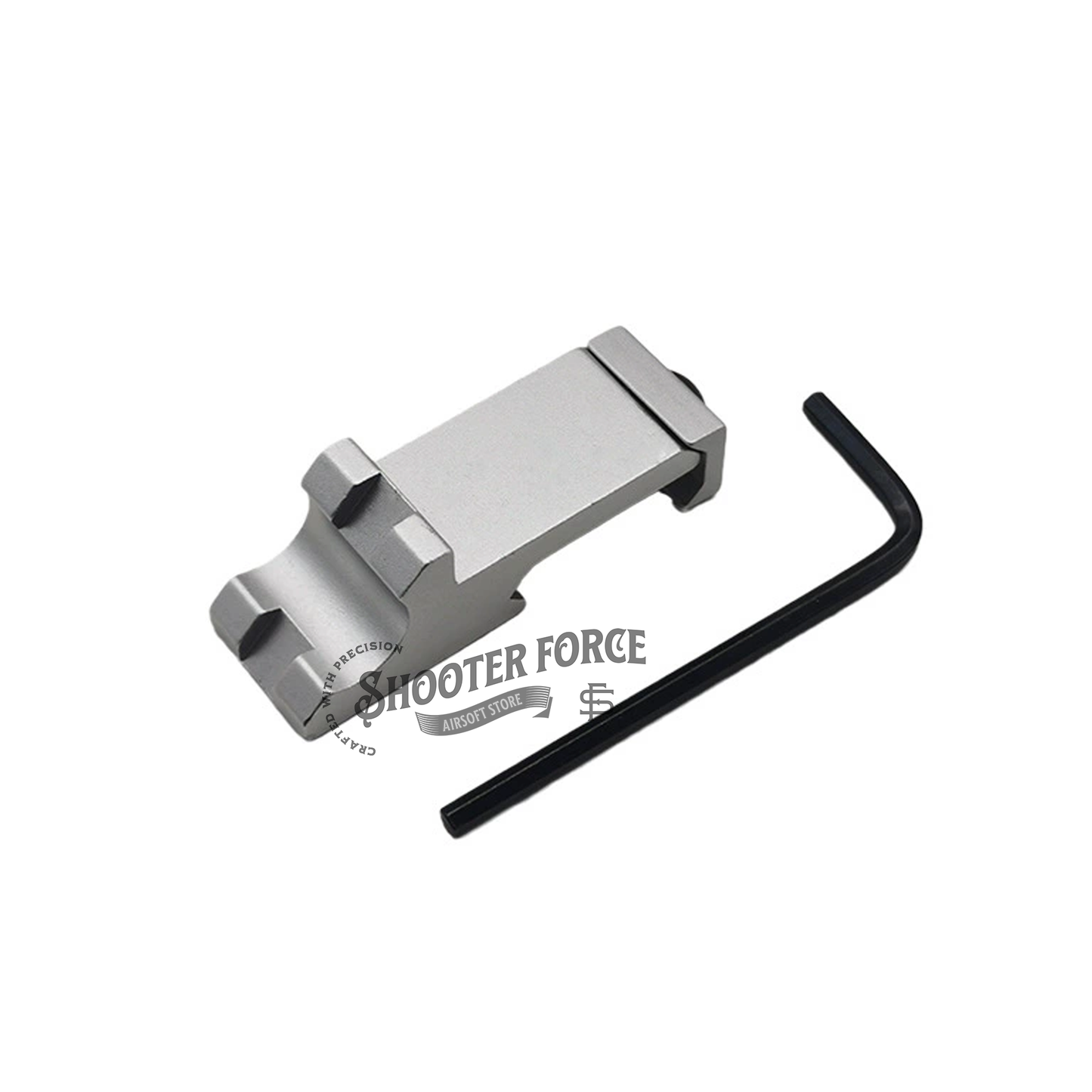 Mini Flashlight Side Mount with 45-degree offset design, made of silver aluminum alloy, designed for DD/PRO/KAC iron sights, compatible with 20mm Picatinny rail systems.