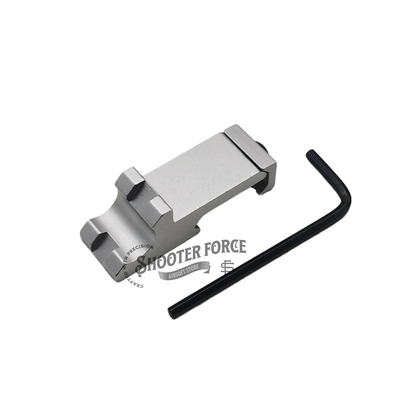 Mini Flashlight Side Mount with 45-degree offset design, made of silver aluminum alloy, designed for DD/PRO/KAC iron sights, compatible with 20mm Picatinny rail systems.