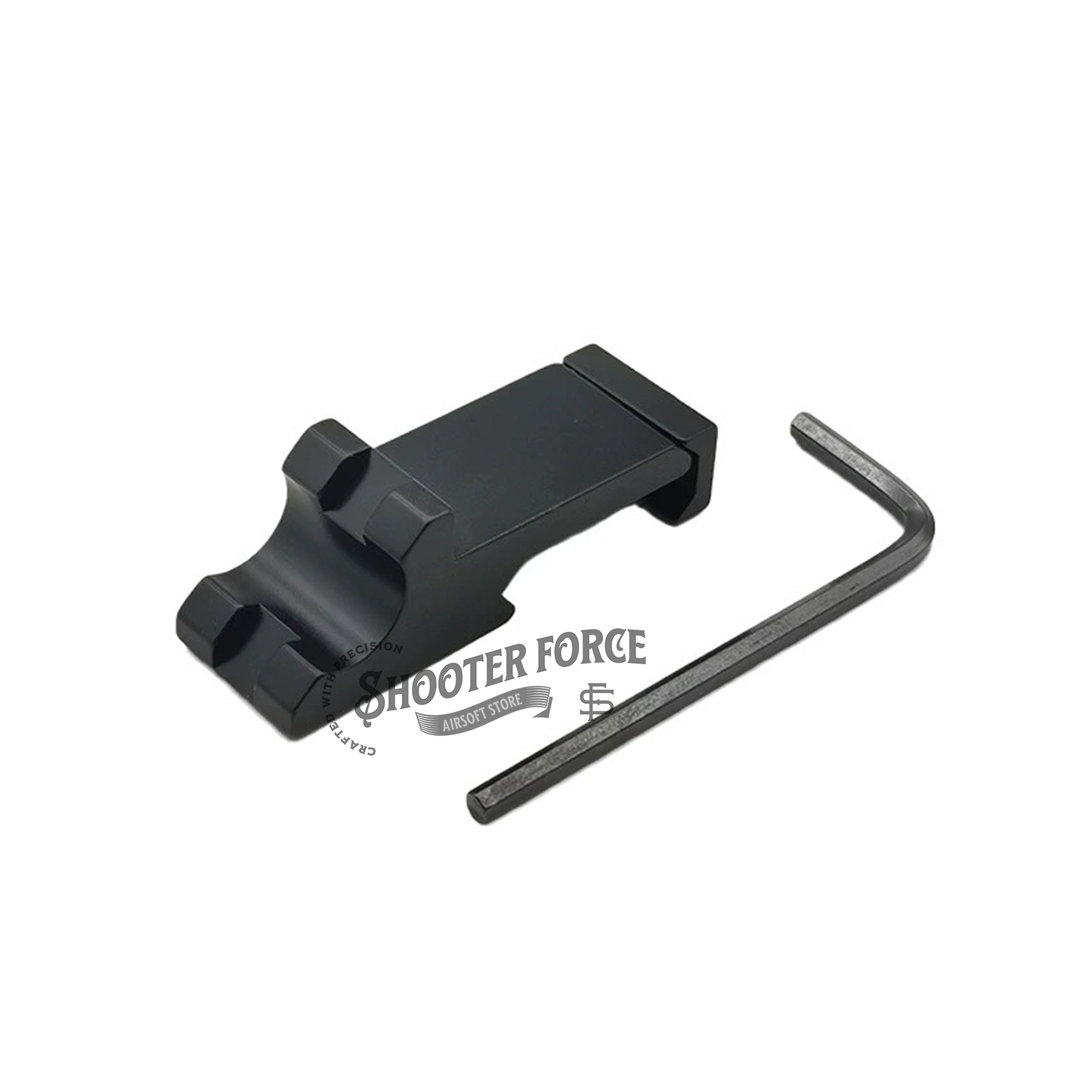 Mini Flashlight Side Mount with 45-degree offset design, made of black aluminum alloy, designed for DD/PRO/KAC iron sights, compatible with 20mm Picatinny rail systems.